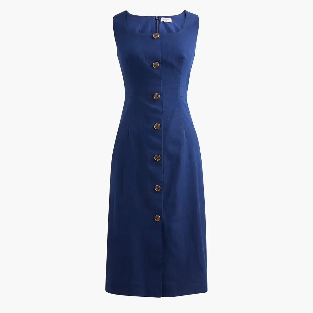 J.Crew Linen Cotton Blend Button Front Old Money Midi Dress Blue 6
